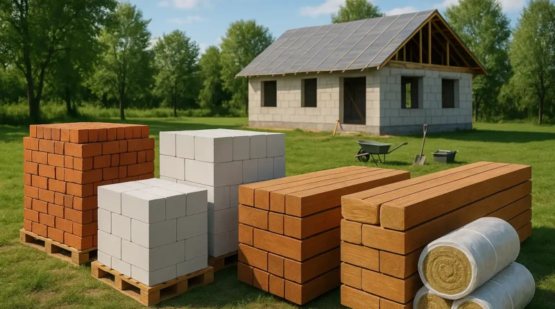 Стопки кирпича, газобетона, бруса и утеплителя на стройплощадке с частично построенным домом на фоне зелёного участка.